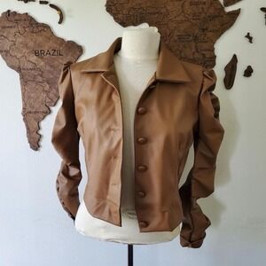 Dee Dee Brown Faux Leather Jacket Womens Large Puff Sleeve‎ Cropped